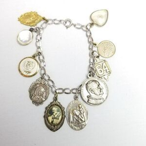 Vintage Religious Saint Charm Bracelet, Sterling Silver Chain Bracelet, Estate